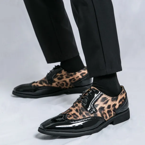 Men's Leopard Print Oxford Shoes - Patent Faux Leather Accents with Brogue Detailing for Formal and Party Occasions