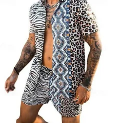 Men's Leopard Zebra 2pcs Shirts Sets Summer Hawaiian Shirt Short Sleeve Short Pants Turndown Fashion Hawaiian Casual Outdoor Vacation Beach 3D Print Button-Down Summer Spring Black Yellow Pink