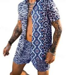 Men's Leopard Zebra 2pcs Shirts Sets Summer Hawaiian Shirt Short Sleeve Short Pants Turndown Fashion Hawaiian Casual Outdoor Vacation Beach 3D Print Button-Down Summer Spring Black Yellow Pink