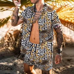 Men's Leopard Zebra 2pcs Shirts Sets Summer Hawaiian Shirt Short Sleeve Short Pants Turndown Fashion Hawaiian Casual Outdoor Vacation Beach 3D Print Button-Down Summer Spring Black Yellow Pink