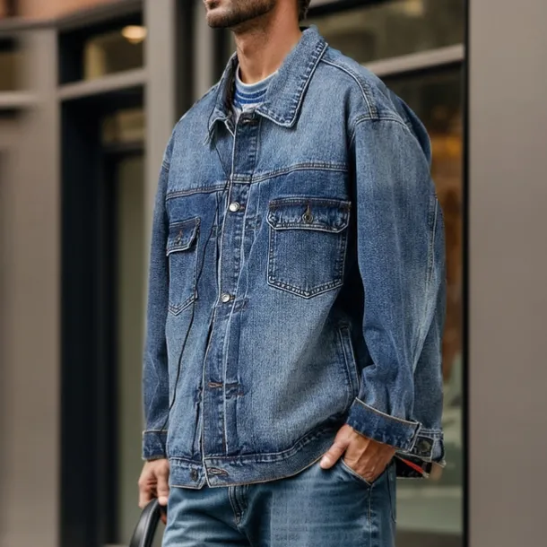 Men's Letter Coat Jean Jacket Denim Jacket Breathable Comfortable Vintage Casual Sports & Outdoor Going out Weekend Buttons Print Fall & Winter Turndown Long Sleeve Black Blue