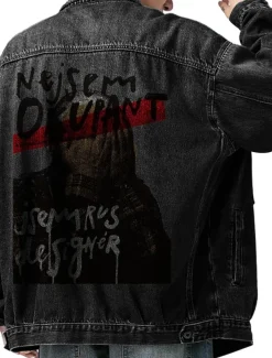 Men's Letter Human Coat Jean Jacket Denim Jacket Breathable Comfortable Casual Sports & Outdoor Going out Weekend Buttons Print Fall & Winter Turndown Long Sleeve Black Blue