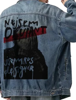 Men's Letter Human Coat Jean Jacket Denim Jacket Breathable Comfortable Casual Sports & Outdoor Going out Weekend Buttons Print Fall & Winter Turndown Long Sleeve Black Blue