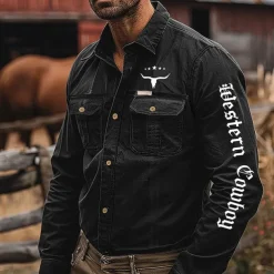 Men's Letter Printed Cowboy Work Shirt Western Shirt Cargo Shirt Long Sleeve Casual Tactical Sports & Outdoor Going out Winter Spring & Fall Turndown Print Black