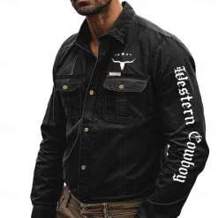 Men's Letter Printed Cowboy Work Shirt Western Shirt Cargo Shirt Long Sleeve Casual Tactical Sports & Outdoor Going out Winter Spring & Fall Turndown Print Black