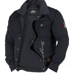 Men's Letter Printed Embroidered Fleece Jacket Sherpa Trucker Jacket Work Cargo Jacket Turn-Down Collar Warm Winter Cotton Jacket Vintage Casual Going Out Coat Multi-Pockets
