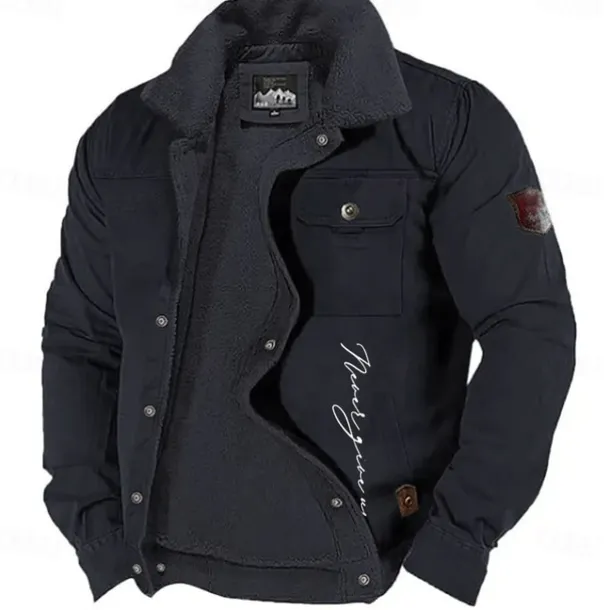 Men's Letter Printed Embroidered Fleece Jacket Sherpa Trucker Jacket Work Cargo Jacket Turn-Down Collar Warm Winter Cotton Jacket Vintage Casual Going Out Coat Multi-Pockets