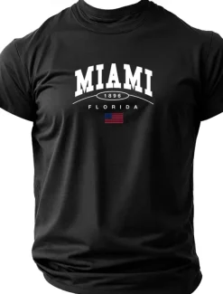 Men's Letter Printed Miami T Shirt Tee Top 100% Cotton Short Sleeve Graphic Shirt Black Wine Dark Blue Comfortable Tee Street Sports Outdoor Fashion Designer Clothing