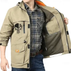 Men's Letter Printed Outdoor Jacket Coat Tactical Practical Casual Sports Outdoor Daily Wear Side Pockets Zip Front Adjustable Drawstring Hood Fall Winter Standing Collar Long Sleeve khaki Army Green