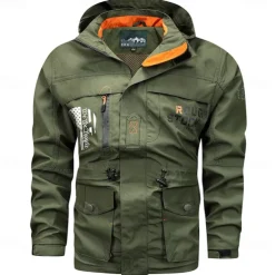Men's Letter Printed Outdoor Jacket Coat Tactical Practical Casual Sports Outdoor Daily Wear Side Pockets Zip Front Adjustable Drawstring Hood Fall Winter Standing Collar Long Sleeve khaki Army Green