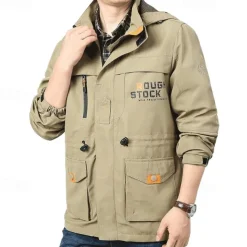 Men's Letter Printed Outdoor Jacket Coat Tactical Practical Casual Sports Outdoor Daily Wear Side Pockets Zip Front Adjustable Drawstring Hood Fall Winter Standing Collar Long Sleeve khaki Army Green