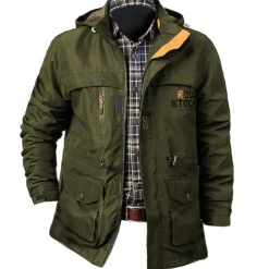 Men's Letter Printed Outdoor Jacket Coat Tactical Practical Waterproof Casual Sports Outdoor Daily Wear Zip Front Adjustable Drawstring Hood Graphic Fall Winter Standing Collar Long Sleeve Black Army