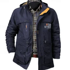 Men's Letter Printed Outdoor Jacket Coat Tactical Practical Waterproof Casual Sports Outdoor Daily Wear Zip Front Adjustable Drawstring Hood Graphic Fall Winter Standing Collar Long Sleeve Black Army