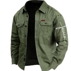 Men's Letter Printed Work Shirt Western Shirt Cargo Shirt Long Sleeve Casual Tactical Sports & Outdoor Going out Winter Spring & Fall Turndown Print Army Green Blue Khaki