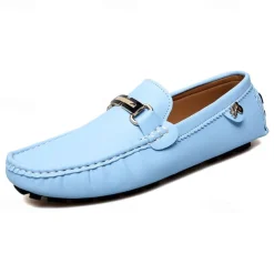 Men's Light Blue Driving Loafers - Casual Slip-On Moccasins with Metal Buckle Detail, Comfortable Shoes for Driving & Everyday Wear