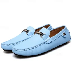 Men's Light Blue Driving Loafers - Casual Slip-On Moccasins with Metal Buckle Detail, Comfortable Shoes for Driving & Everyday Wear