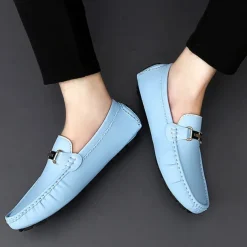 Men's Light Blue Driving Loafers - Casual Slip-On Moccasins with Metal Buckle Detail, Comfortable Shoes for Driving & Everyday Wear