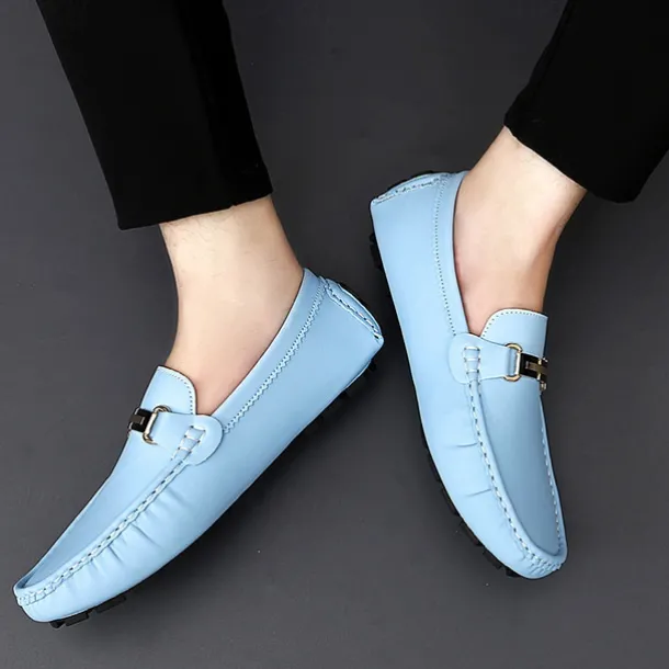 Men's Light Blue Driving Loafers - Casual Slip-On Moccasins with Metal Buckle Detail, Comfortable Shoes for Driving & Everyday Wear