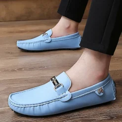 Men's Light Blue Driving Loafers - Casual Slip-On Moccasins with Metal Buckle Detail, Comfortable Shoes for Driving & Everyday Wear