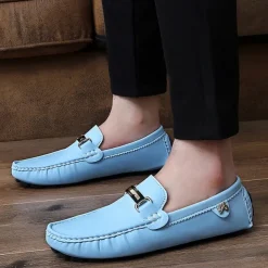 Men's Light Blue Driving Loafers - Casual Slip-On Moccasins with Metal Buckle Detail, Comfortable Shoes for Driving & Everyday Wear