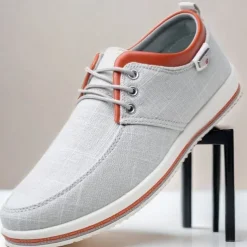 Men's Light Gray Canvas Lace-Up Casual Shoes with Contrast Trim – Stylish Lightweight Footwear for Travel, Work, and Daily Wear