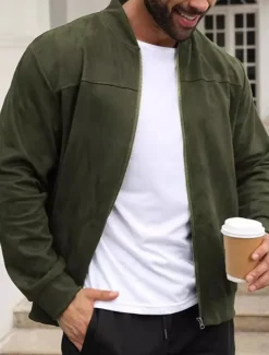 Men's Lightweight Jacket Bomber Jacket Faux Suede Jacket Bomber Leather Jacket Daily Vacation Pocket Fall & Winter Plain Fashion Classic Stand Collar Regular Black Navy Blue Royal Blue Khaki Army