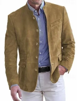 Men's Lightweight Jacket Casual Jacket Faux Suede Jacket Going out Soft Buckle Spring & Fall Casual Stand Collar Regular Light Khaki Black Navy Blue Khaki Army Green Jacket