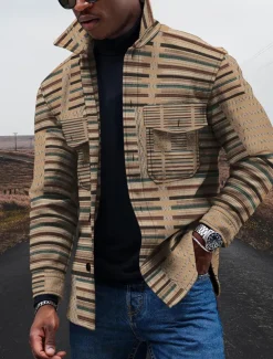 Men's Lightweight Jacket Summer Jacket Outdoor Street Pocket Print Summer Spring Striped Streetwear Sporty Turndown Regular Regular Fit Yellow Jacket