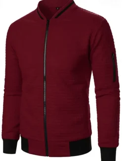 Men's Lightweight Jacket Waffle Jacket Summer Jacket Transition Jacket Vacation Daily Pocket Spring & Fall Plain Fashion Classic Standing Collar Regular Black White Wine Navy Blue Khaki Jacket