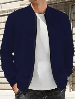 Men's Lightweight Jacket Waffle Jacket Summer Jacket Transition Jacket Vacation Daily Wearproof Pocket Spring Fall Plain Fashion Classic Stand Collar Regular Black White Navy Blue Khaki Dark Gray