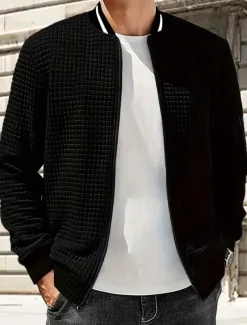 Men's Lightweight Jacket Waffle Jacket Summer Jacket Transition Jacket Vacation Daily Wearproof Pocket Spring Fall Plain Fashion Classic Stand Collar Regular Black White Navy Blue Khaki Dark Gray