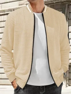 Men's Lightweight Jacket Waffle Jacket Summer Jacket Transition Jacket Vacation Daily Wearproof Pocket Spring Fall Plain Fashion Classic Stand Collar Regular Black White Navy Blue Khaki Dark Gray