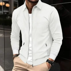 Men's Lightweight Jacket Waffle Jacket Summer Jacket Shirt Jacket Vacation Daily Soft Pocket Spring & Fall Plain Fashion Classic Lapel Regular Waffle Fabric Black White Blue Khaki Gray Jacket