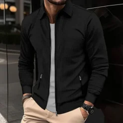 Men's Lightweight Jacket Waffle Jacket Summer Jacket Shirt Jacket Vacation Daily Soft Pocket Spring & Fall Plain Fashion Classic Lapel Regular Waffle Fabric Black White Blue Khaki Gray Jacket