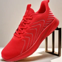 Men's Lightweight Red Mesh Running Shoes - Breathable Athletic Sneakers for Sports and Casual Wear