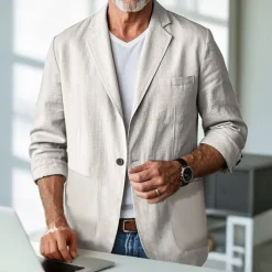 Men's Linen Blazer Blazer Business Cocktail Party Wedding Party Fashion Casual Spring & Fall Polyester Linen Plain Pocket Buttons Comfortable Single Breasted One-button Blazer Black Burgundy Dark