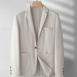 Men's Linen Blazer Blazer Business Cocktail Party Wedding Party Fashion Casual Spring & Fall Polyester Linen Plain Pocket Buttons Comfortable Single Breasted One-button Blazer Black Burgundy Dark