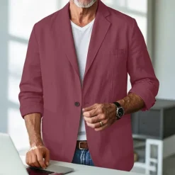 Men's Linen Blazer Blazer Business Cocktail Party Wedding Party Fashion Casual Spring & Fall Polyester Linen Plain Pocket Buttons Comfortable Single Breasted One-button Blazer Black Burgundy Dark