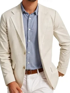 Men's Linen Blazer Notch Collar Fashion Casual Solid Colored Blazer Beige Standard Fit Single Breasted Two-buttons