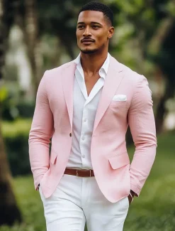 Men's Linen Blazer Sport Coat Notch Collar Fashion Casual Solid Colored Blazer Yellow Pink Sky Blue Standard Fit Single Breasted One-button