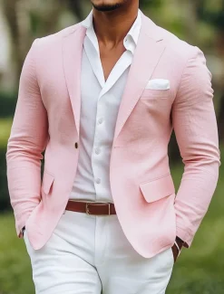 Men's Linen Blazer Sport Coat Notch Collar Fashion Casual Solid Colored Blazer Yellow Pink Sky Blue Standard Fit Single Breasted One-button