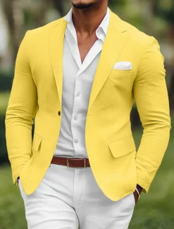 Men's Linen Blazer Sport Coat Notch Collar Fashion Casual Solid Colored Blazer Yellow Pink Sky Blue Standard Fit Single Breasted One-button