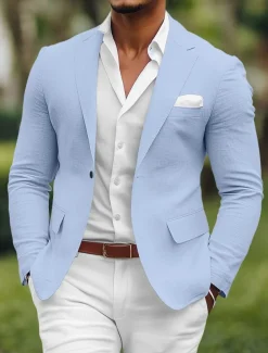 Men's Linen Blazer Sport Coat Notch Collar Fashion Casual Solid Colored Blazer Yellow Pink Sky Blue Standard Fit Single Breasted One-button