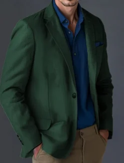 Men's Linen Blazer Sport Coat Notch Collar Fashion Casual Solid Colored Linen Blazer Blue Army Green Standard Fit Single Breasted One-button