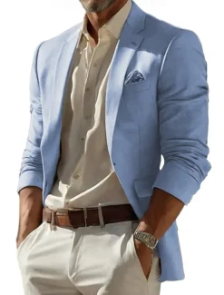 Men's Linen Blazer Sport Coat Notch Collar Fashion Casual Solid Colored Blazer Lake blue Sky Blue Dark Grey Standard Fit Single Breasted One-button