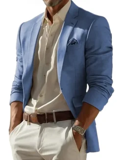 Men's Linen Blazer Sport Coat Notch Collar Fashion Casual Solid Colored Blazer Lake blue Sky Blue Dark Grey Standard Fit Single Breasted One-button