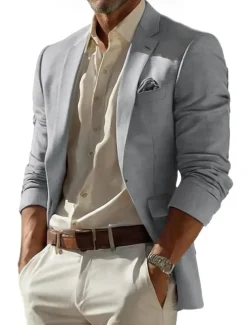 Men's Linen Blazer Sport Coat Notch Collar Fashion Casual Solid Colored Blazer Lake blue Sky Blue Dark Grey Standard Fit Single Breasted One-button