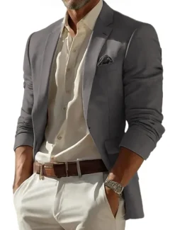 Men's Linen Blazer Sport Coat Notch Collar Fashion Casual Solid Colored Blazer Lake blue Sky Blue Dark Grey Standard Fit Single Breasted One-button