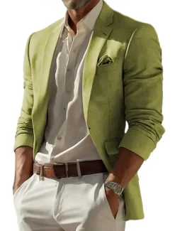 Men's Linen Blazer Sport Coat Notch Collar Fashion Casual Solid Colored Blazer Lake blue Sky Blue Dark Grey Standard Fit Single Breasted One-button