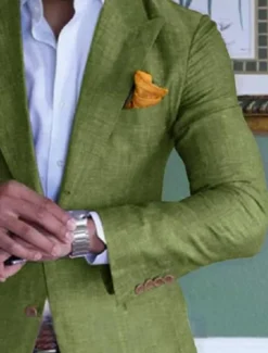 Men's Linen Blazer Sport Coat Closure collar Fashion Casual Solid Colored Blue Purple Green Tailored Fit Single Breasted Two-buttons